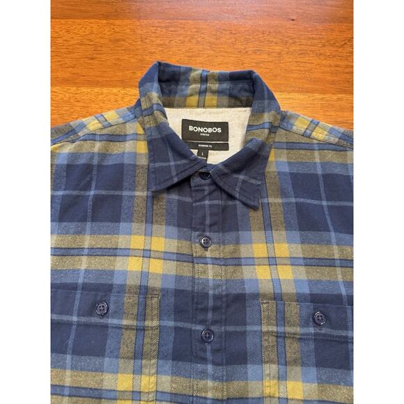 Large Bonobos Stretch Regular Fit Blue Plaid Flannel Shirt - Picture 1 of 9